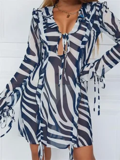 Women´s Summer Dress Flounce V Neck Tie Up Long