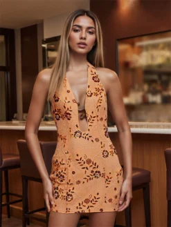Women Mini Halter Neck Dress Sequin Bead Floral